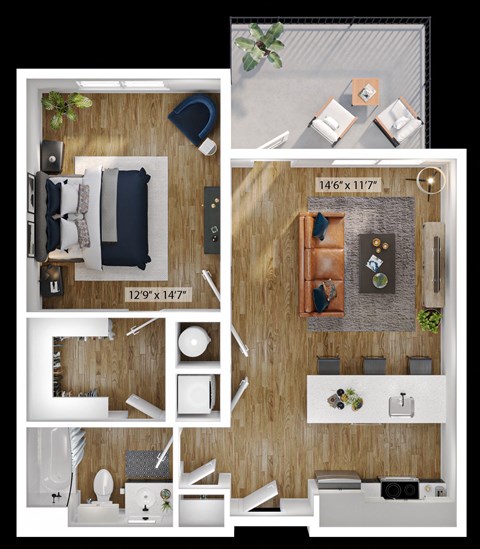 1 Bed 1 Bath Floor Plan | 843 Sq. Ft. at Boardwalk at Research Park in Huntsville, Alabama 35811
